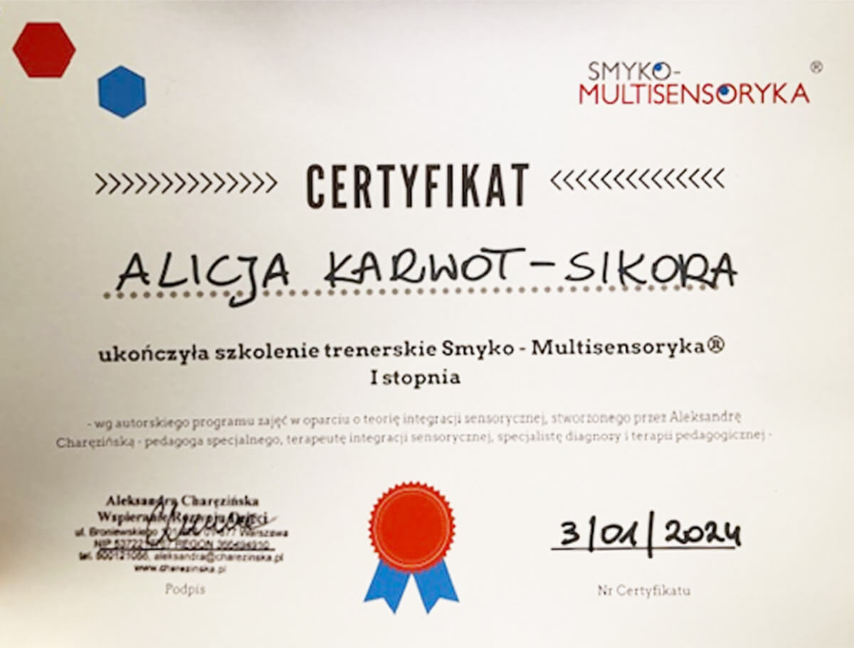 certyfikat szkolenia Alicja Karwot-Sikora